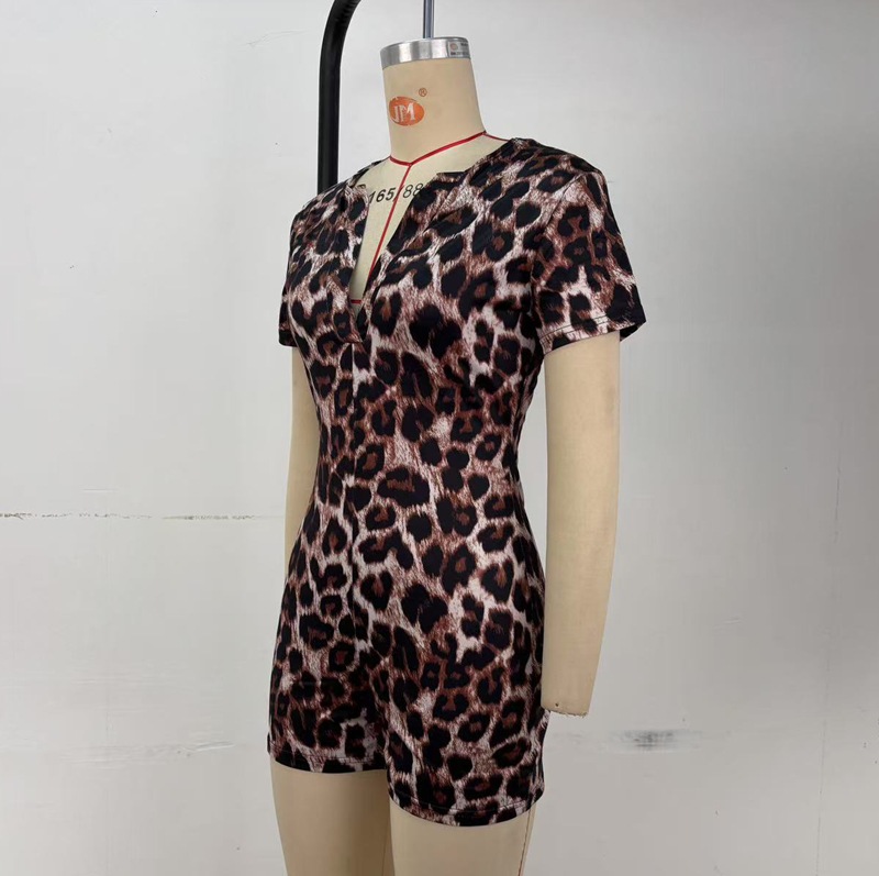 OM-2024 Summer New Arrival Leopard Print Short Sleeve V-Neck Fashionable Tight-Fitting Butt-Lifting Jumpsuit for Women - YH15813
